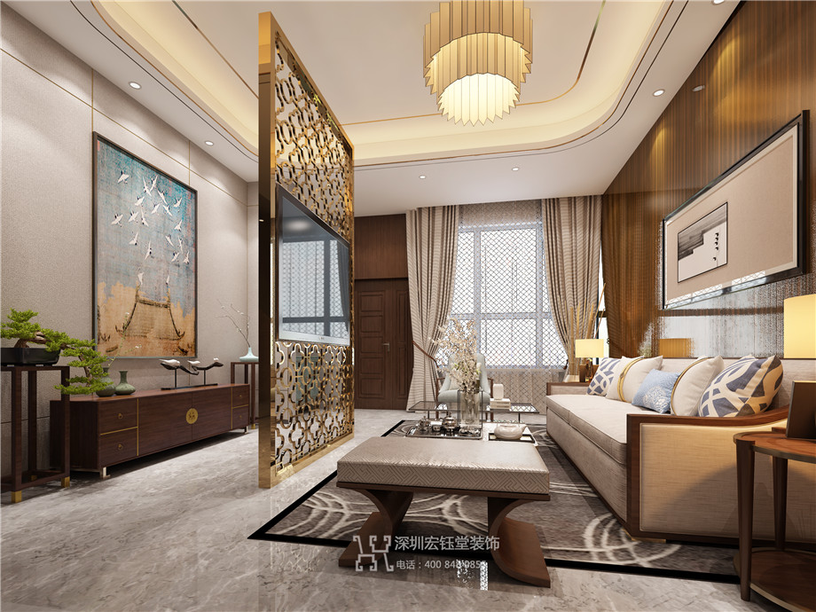 濮陽江南里現(xiàn)代中式別墅樣板間客廳裝修設(shè)計(jì)效果圖