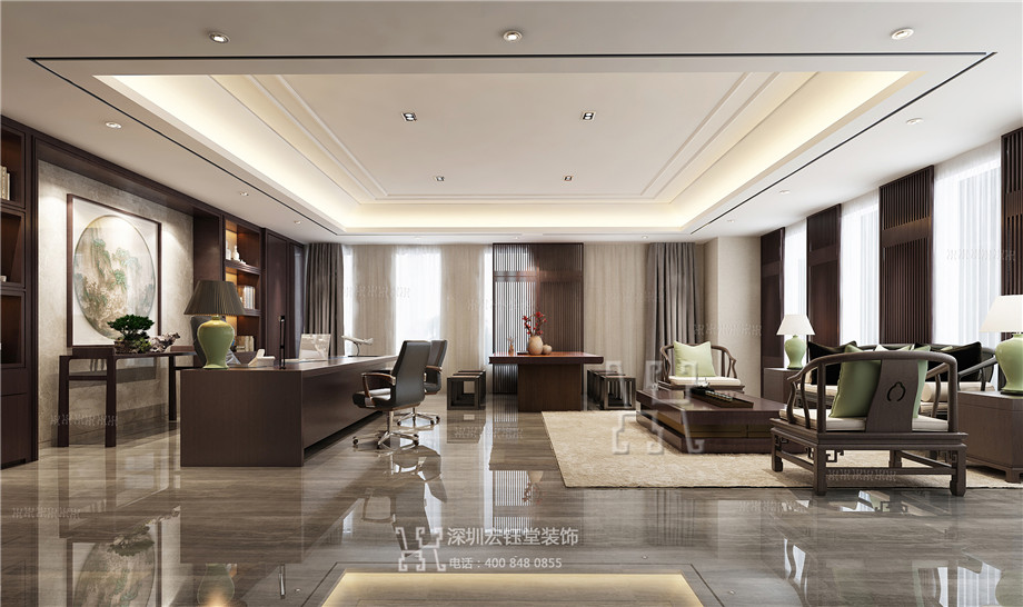 河南鼎力電力公司中式董事長(zhǎng)辦公室裝修設(shè)計(jì)效果圖