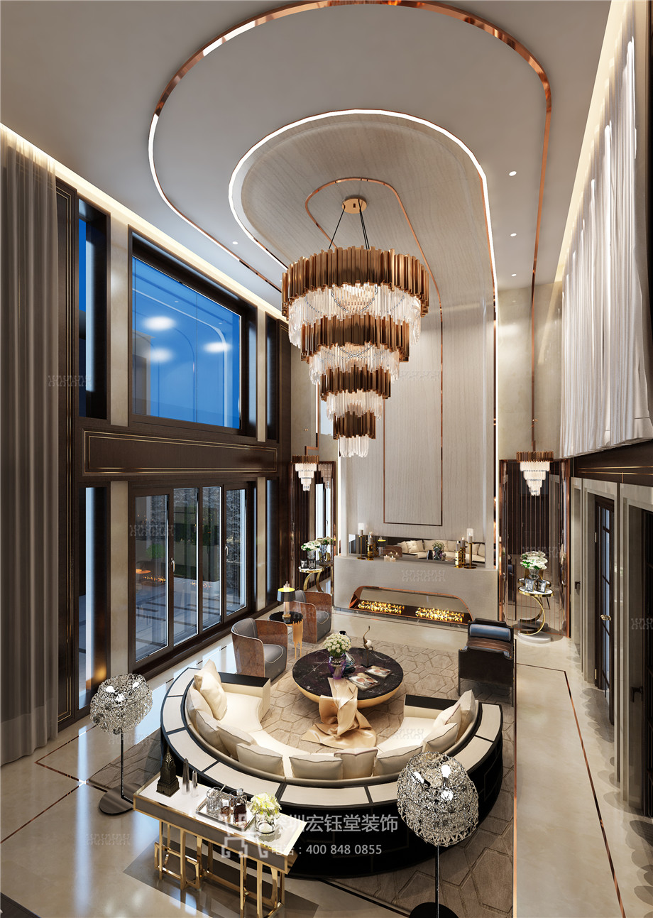 鄭州現代奢華風鄒公館別墅雙層挑空客廳設計效果圖 鄭州現代奢華風鄒公館別墅雙層挑空客廳設計效果圖