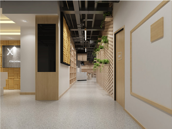 原木色時尚簡約風少兒英語培訓機構走廊裝修效果圖