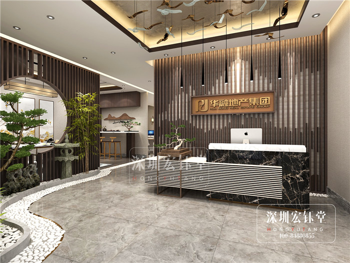 鄭州華融地產新中式辦公室前臺裝修設計效果圖