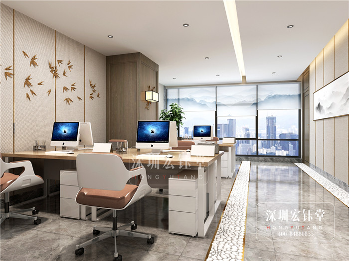 鄭州華融地產新中式辦公室敞開辦公區裝修設計效果圖