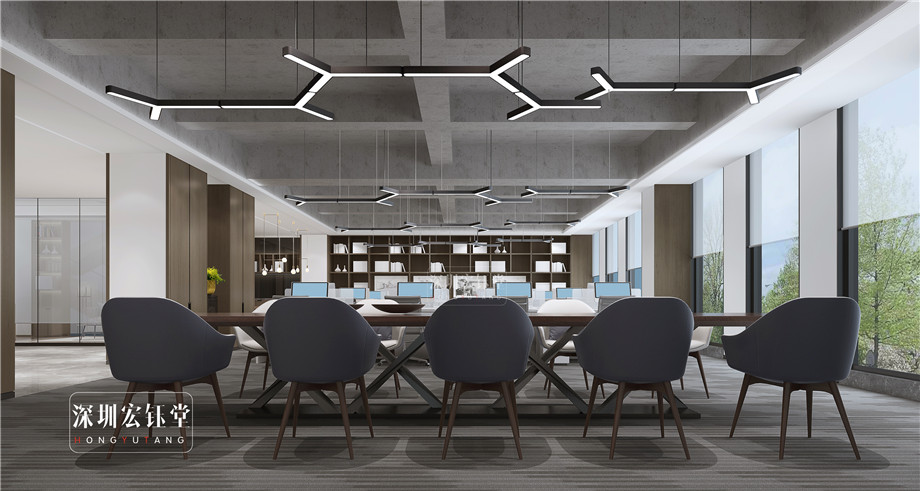 鄭州中式辦公室敞開辦公區裝修效果圖-河南融眾辦公樓裝修案例